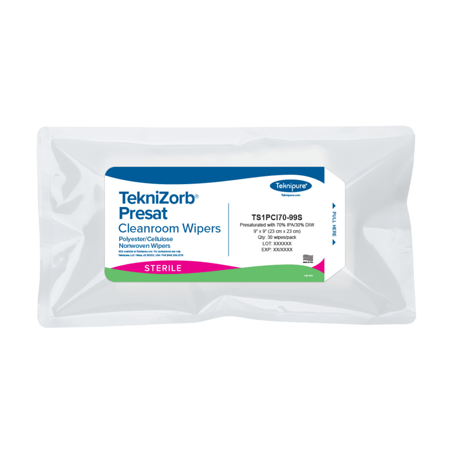 Teknipure TS1PCI70 - 99S TekniZorb® Sterile presaturated 70% IPA polyester/cellulose nonwoven cleanroom wipers, 9"x9" MTESolutions