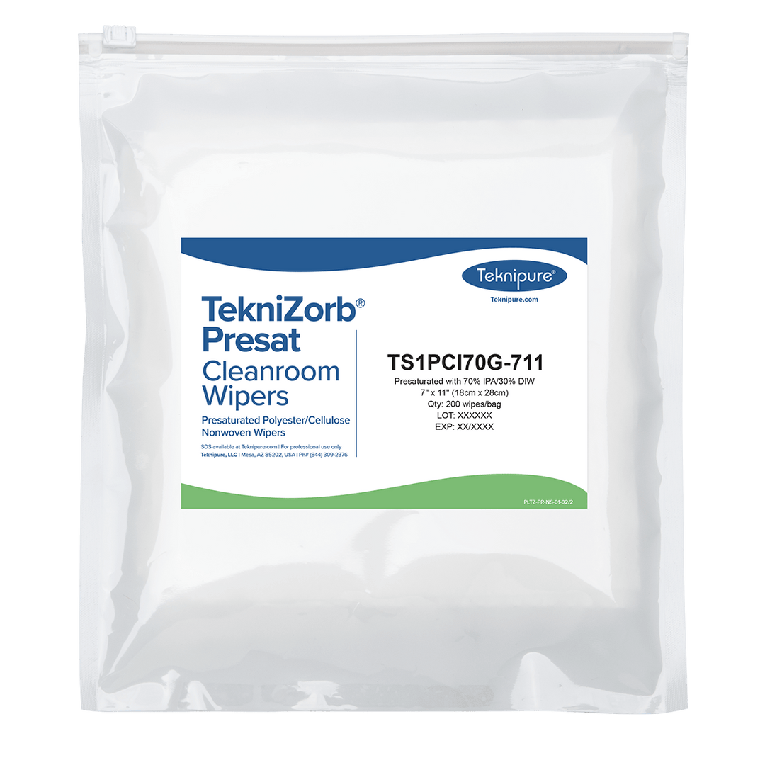 Teknipure TS1PCI70G - 99 TekniZorb® presaturated 70% IPA polyester/cellulose nonwoven cleanroom wipers, 7"x11" MTESolutions