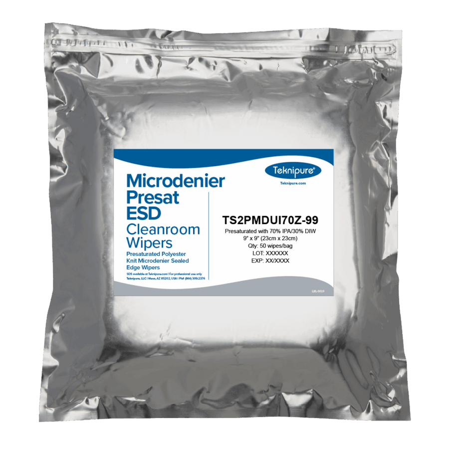 Teknipure TS2PMDUI70Z - 99, Polyester Knit Microdenier Wiper with Sealed Edge, Presat 70% IPA, 9″x9″, ESD Bag MTESolutions