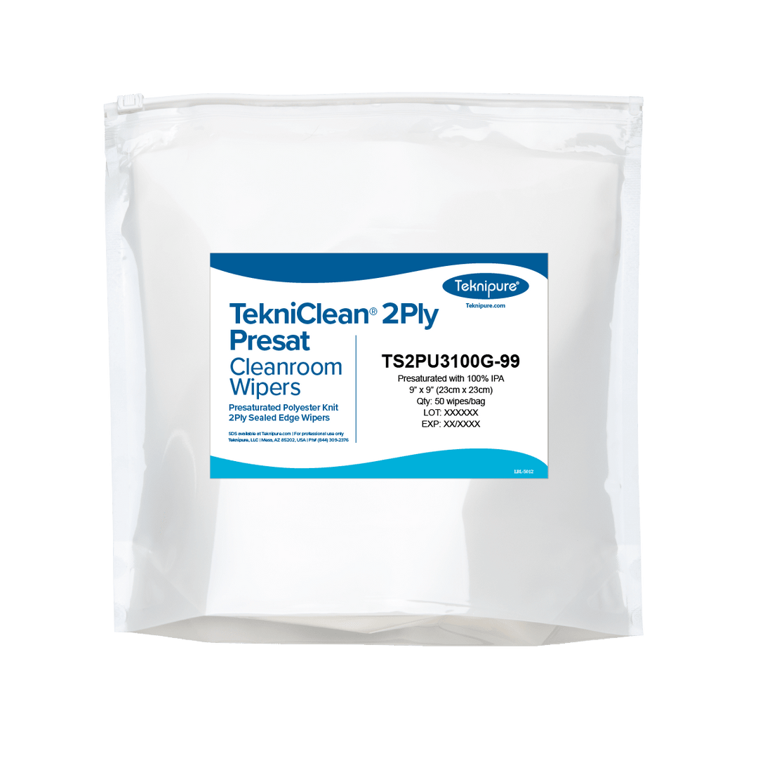 Teknipure TS2PU3100G - 99 TekniClean® 2Ply Presat polyester knit cleanroom wipers with sealed edge, 9"x 9" MTESolutions