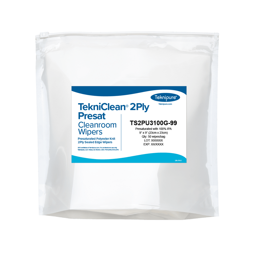 Teknipure TS2PU3100G - 99 TekniClean® 2Ply Presat polyester knit cleanroom wipers with sealed edge, 9"x 9" MTESolutions