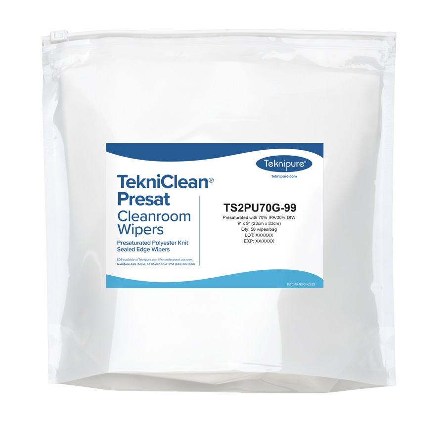 Teknipure TS2PUI70G - 99 TekniClean® Presat polyester knit cleanroom wipers with sealed edges, 70/30 IPA, 9"x 9" MTESolutions