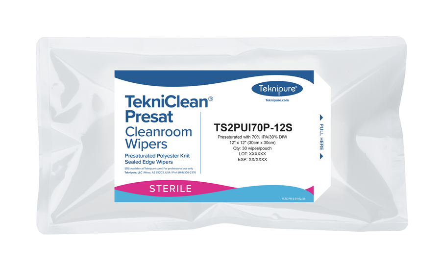 Teknipure TS2PUI70P - 12S TekniClean® Presat Sterile polyester knit cleanroom wipers with sealed edges, 70/30 IPA, 12"x 12" MTESolutions