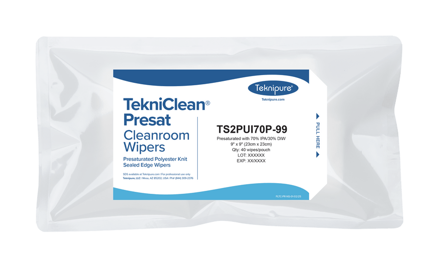 Teknipure TS2PUI70P - 99 TekniClean® Presat polyester knit cleanroom wipers with sealed edges, 70/30 IPA, 9"x 9" MTESolutions