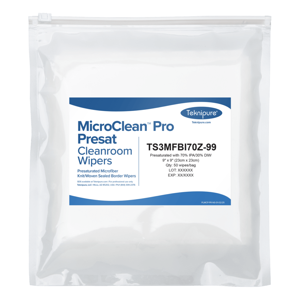 Teknipure TS3MFBI70Z - 99 MicroClean™ Pro Presat microfiber cleanroom wipers with sealed border, 70/30 IPA, 9"x9" MTESolutions