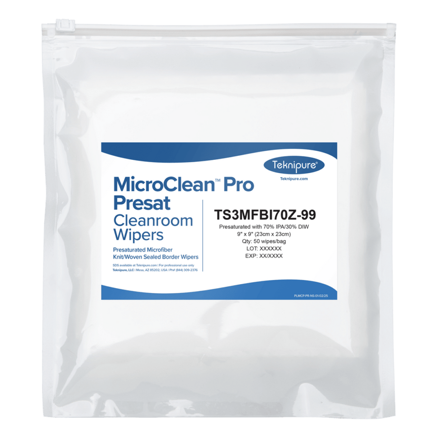 Teknipure TS3MFBI70Z - 99 MicroClean™ Pro Presat microfiber cleanroom wipers with sealed border, 70/30 IPA, 9"x9" MTESolutions