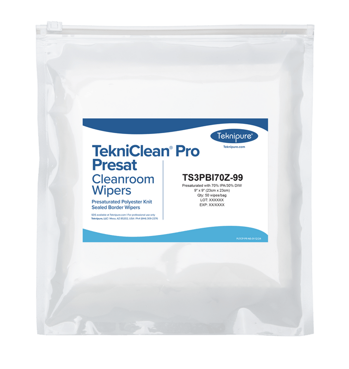 Teknipure TS3PBI70Z - 99 TekniClean® Pro Presat polyester knit cleanroom wipers with sealed border, 70/30 IPA, 9"x 9" MTESolutions