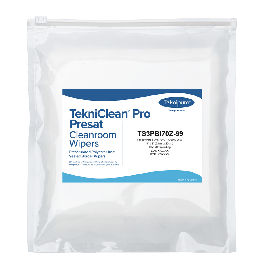 Teknipure TS3PBI70Z - 99 TekniClean® Pro Presat polyester knit cleanroom wipers with sealed border, 70/30 IPA, 9"x 9" MTESolutions