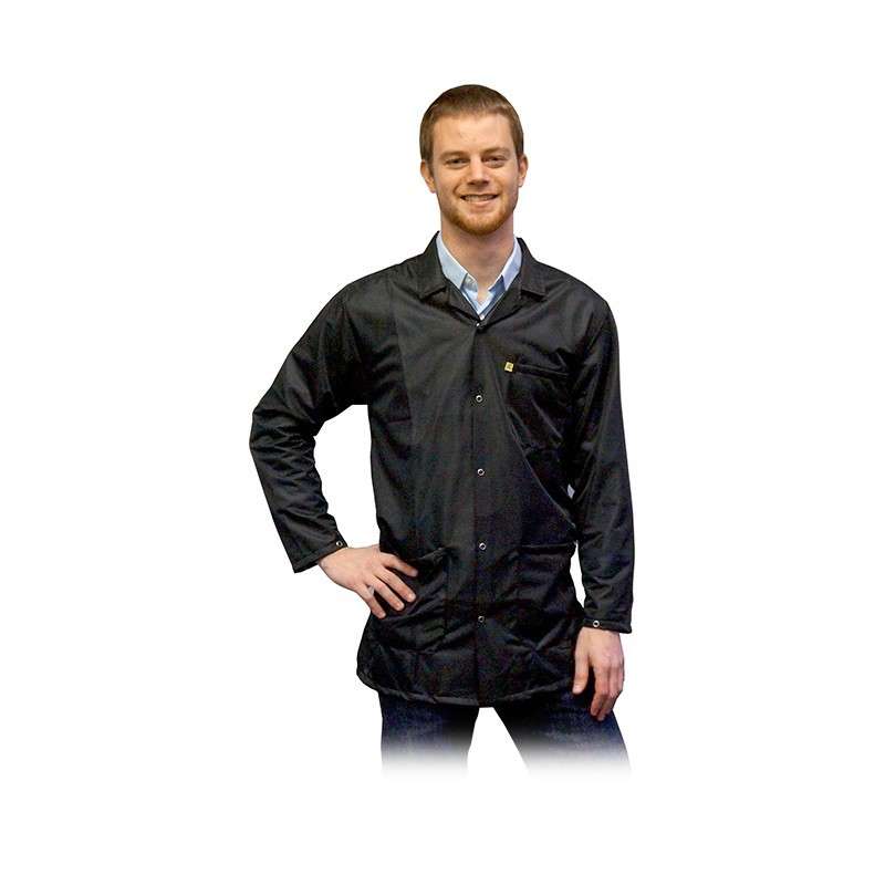 Transforming Technologies ESD Jacket, 3 - 4Ths Length, Collared, 9010 Fabric, Snap Cuff, Small, Black MTESolutions