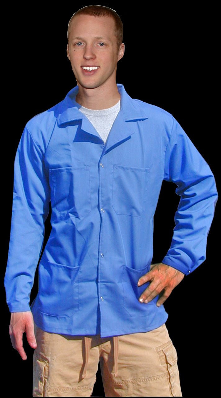 Transforming Technologies ESD Jacket, Waist Length, Collared, 5049 Fabric, Snap Cuff, 4Xl, Light Blue MTESolutions