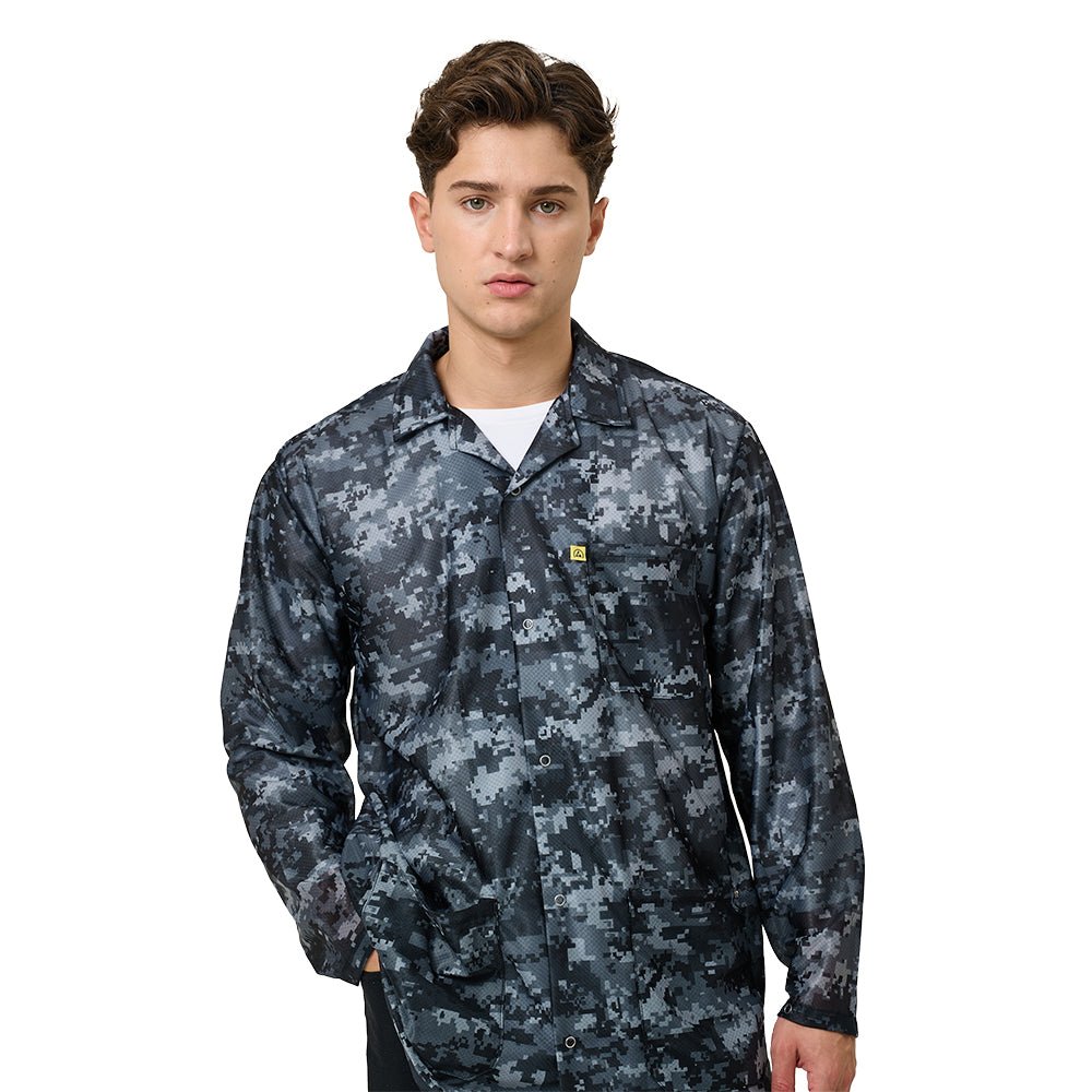 Transforming Technologies JKC9021SPCGY ESD Jacket, 3/4ths Length, Lapel Collar, Snap Cuff, X - Small, Gray Camo MTESolutions