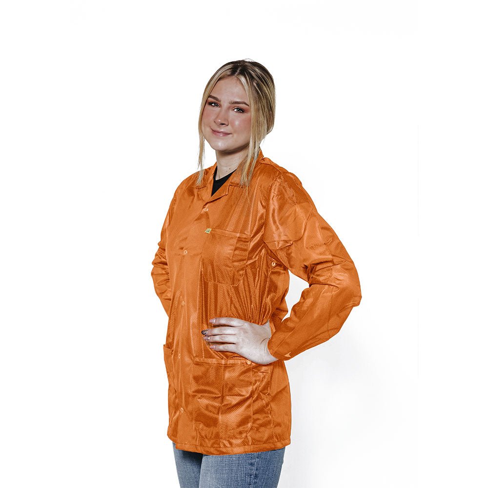 Transforming Technologies JKC9021SPOR ESD Jacket, 3/4Ths Length, Lapel Collar, Snap Cuff, X - Small, Orange MTESolutions