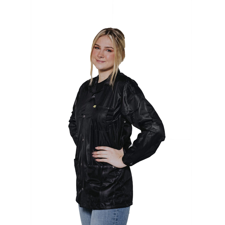 Transforming Technologies JKC9029SPBK ESD Jacket, 3 - 4Ths Length, Collared, 9010 Fabric, Snap Cuff, 5Xl, Black MTESolutions