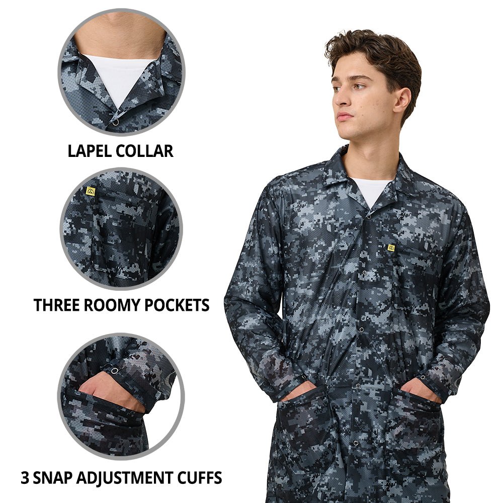 Transforming Technologies JKC9029SPCGY ESD Jacket, 3/4ths Length, Lapel Collar, Snap Cuff, 5X - Large, Gray Camo MTESolutions