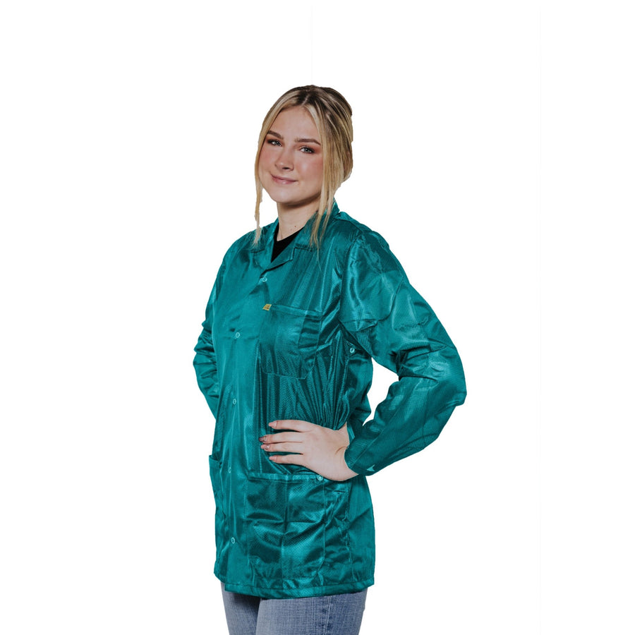 Transforming Technologies JKC9029SPTL ESD Jacket, 3 - 4Ths Length, Collared, 9010 Fabric, Snap Cuff, 5Xl, Teal MTESolutions