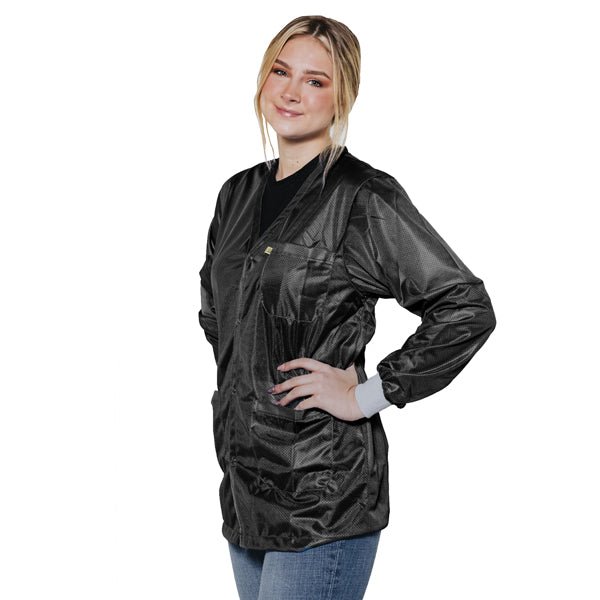 Transforming Technologies JKV9021BK ESD Jacket, 3/4Ths Length, V - Neck, Knit Cuff, X - Small, Black MTESolutions