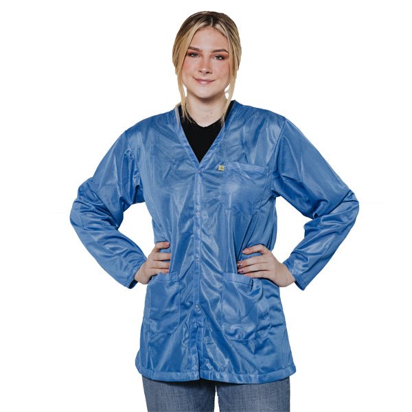 Transforming Technologies JKV9021SPLB ESD Jacket, 3/4Ths Length, V - Neck, Snap Cuff, X - Small, Light Blue MTESolutions