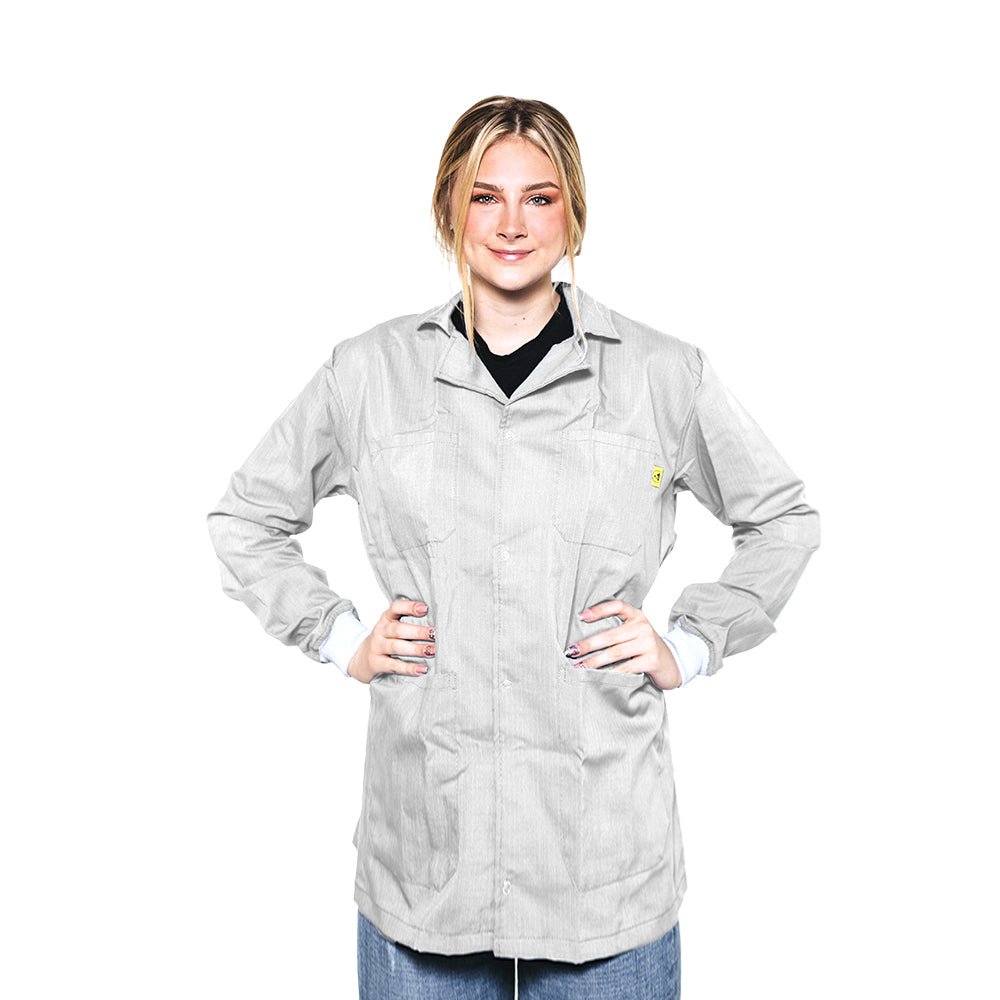 Transforming Technologies JLC5409WH ESD Jacket, Full Length, Lapel Collar, Knit Cuff, 5X - Large, White MTESolutions