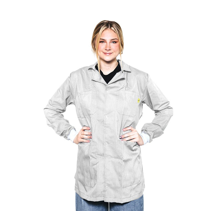 Transforming Technologies JLC5409WH ESD Jacket, Full Length, Lapel Collar, Knit Cuff, 5X - Large, White MTESolutions