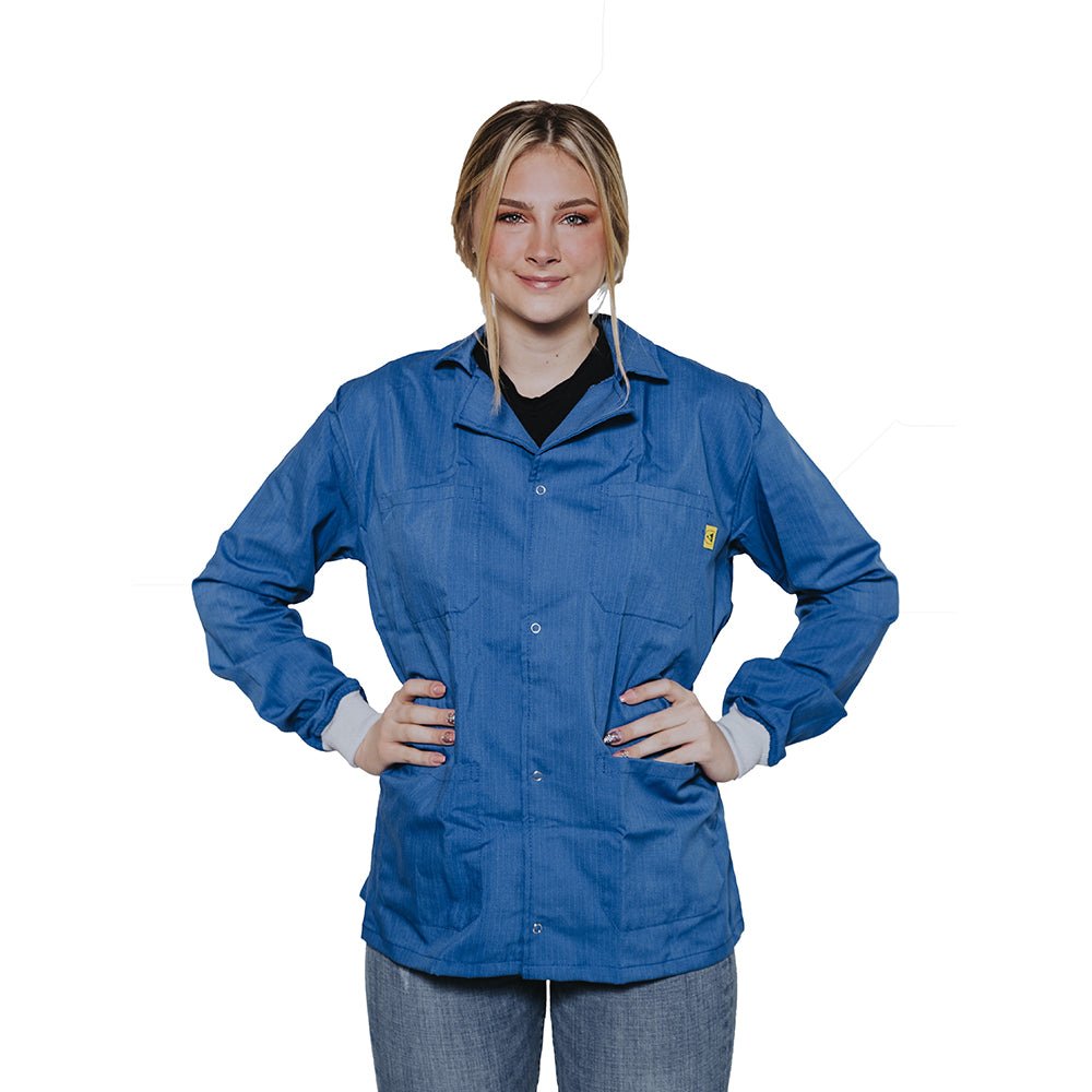 Transforming Technologies JWC5401LB ESD Jacket, Waist Length, Lapel Collar, Knit Cuff, Extra Small, Light Blue MTESolutions