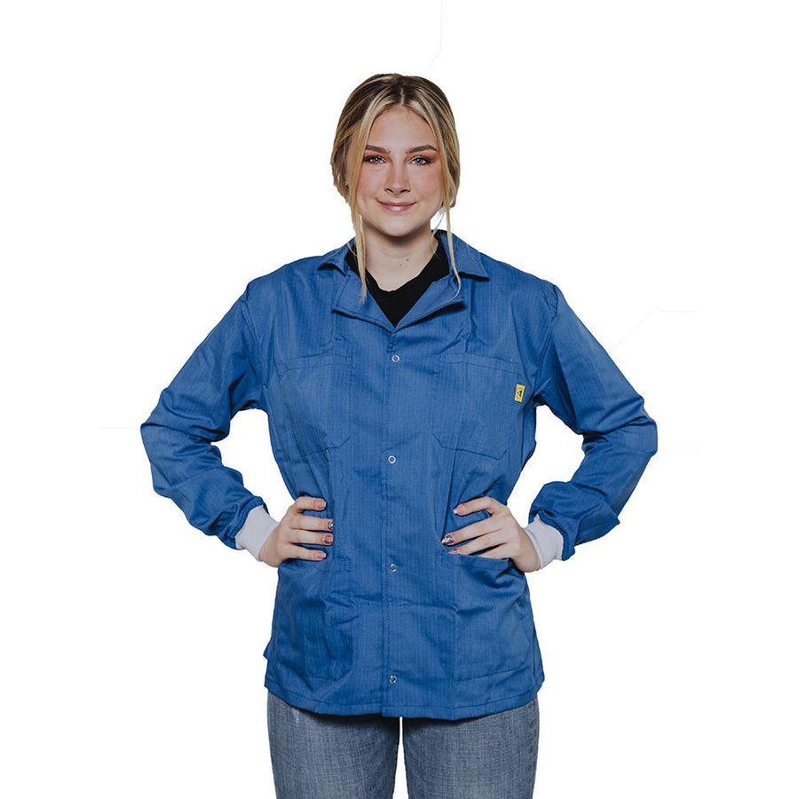 Transforming Technologies JWC5401LB ESD Jacket, Waist Length, Lapel Collar, Knit Cuff, Extra Small, Light Blue MTESolutions