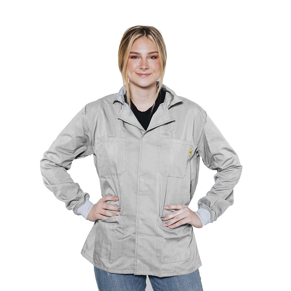Transforming Technologies JWC5401WH ESD Jacket, Waist Length, Lapel Collar, Knit Cuff, Extra Small, White MTESolutions