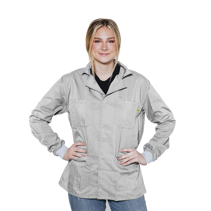 Transforming Technologies JWC5401WH ESD Jacket, Waist Length, Lapel Collar, Knit Cuff, Extra Small, White MTESolutions