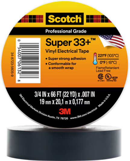 3M 7010349613 Scotch® Super 33+ Vinyl Electrical Tape, 3/4 in x 66 ft, 1-1/2 in Core, Black, 10 rolls/carton, 100 rolls/Case