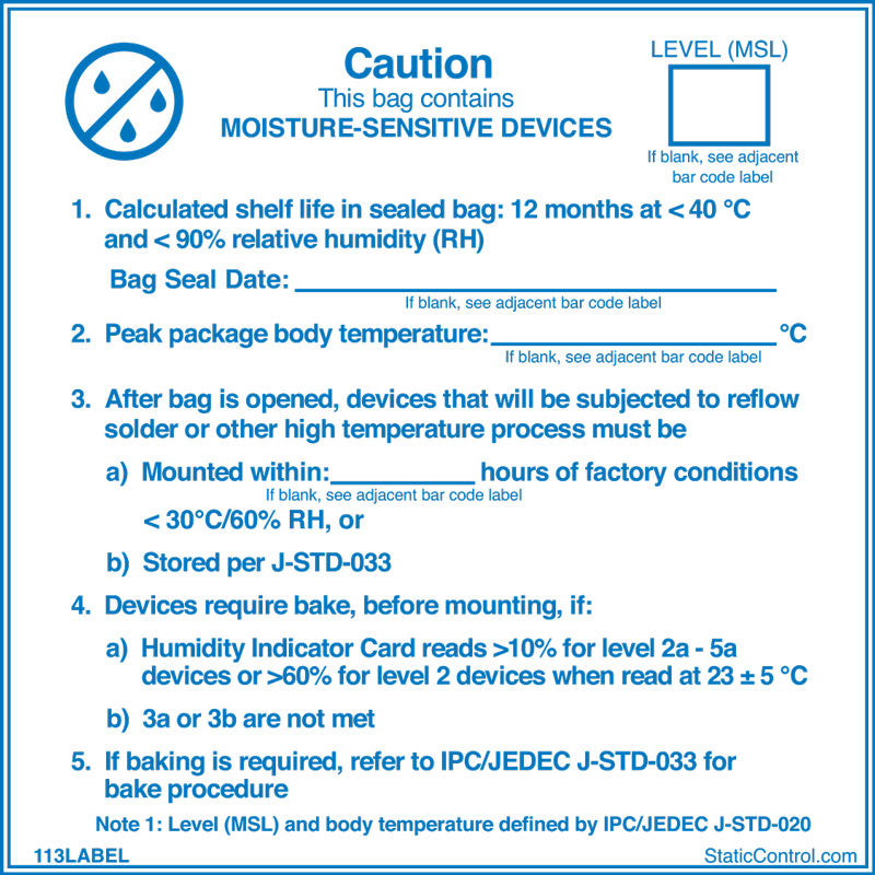 SCS 113Label, IPC-JEDEC J-STD-020, Moisture Sensitive Caution Label, 4In X 4In, 100/Roll