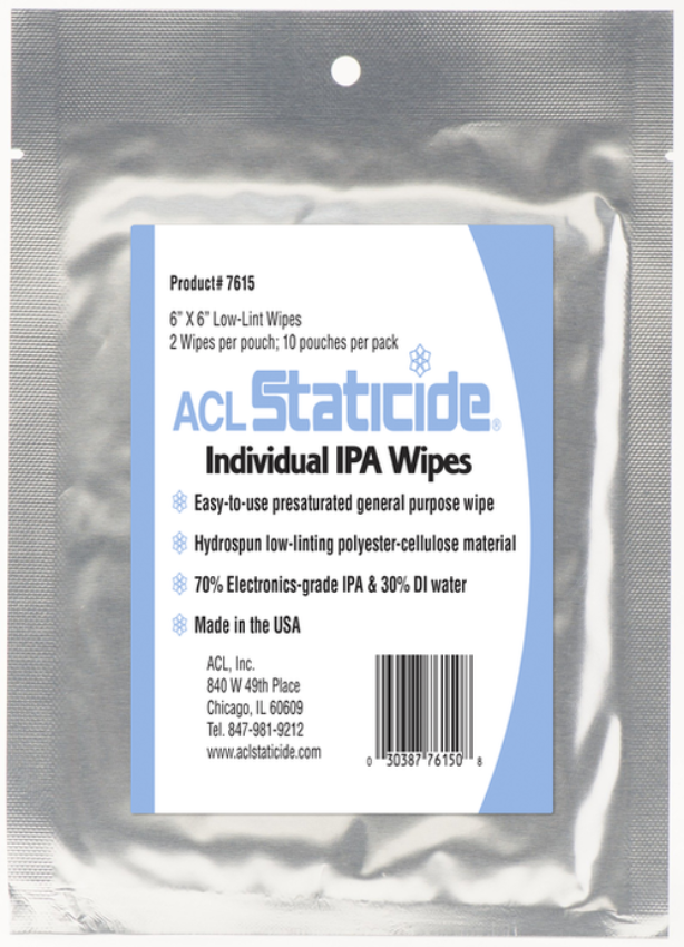 ACL Staticide 7615 IPA Cleaning Wipes  6" x 6", 2 wipes per bag/10 bags per case