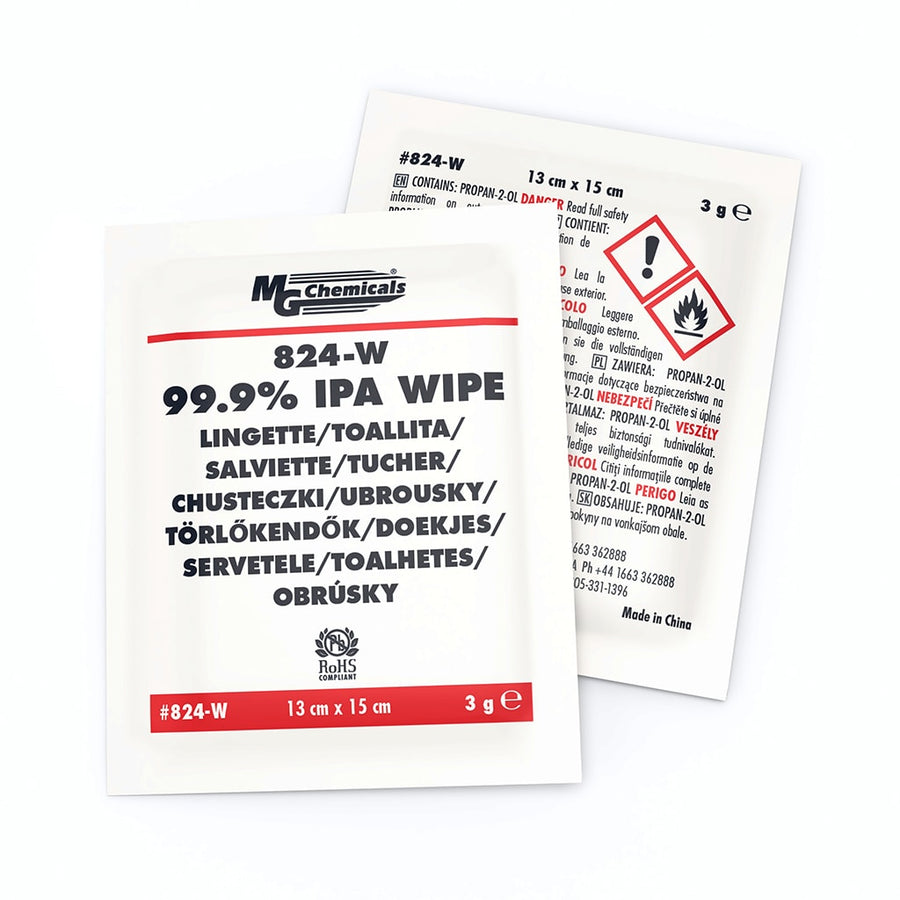 MG Chemicals 824-WX25, 99.9% Isopropyl Alcohol Wipes, 25 Individual Wipes/Box, Case of 5 Boxes