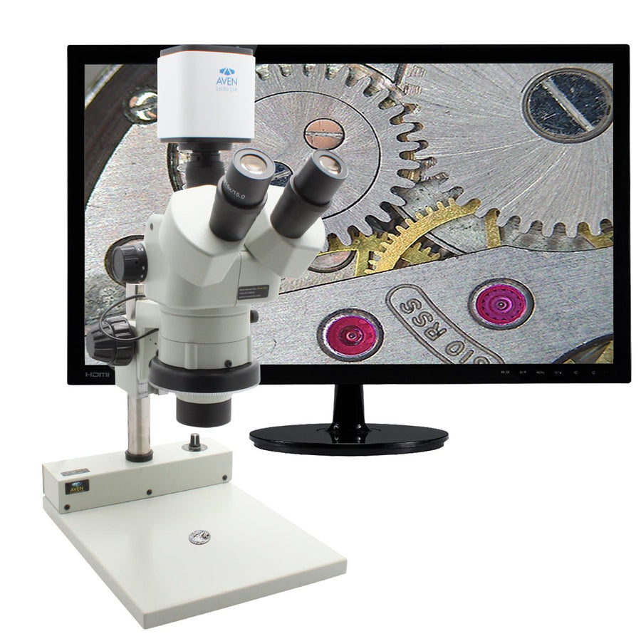 Aven SPZHT-135-258-512 Trinocular Stereo Zoom Microscope, 21x–135x, with Mighty Cam Pro & PLED Stand Aven Tools MTESolutions