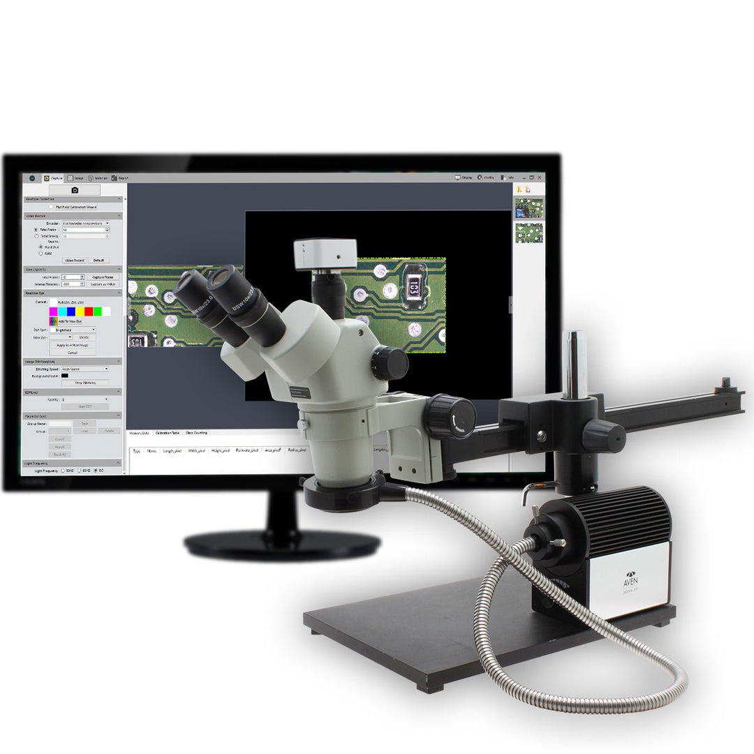 Aven Tools 26800B-373-9 SPZV-50 Trinocular Microscope, 6.7x–50x, with Ultra-Glide Stand, Fiber Optic Light & USB 6M Camera Aven Tools MTESolutions