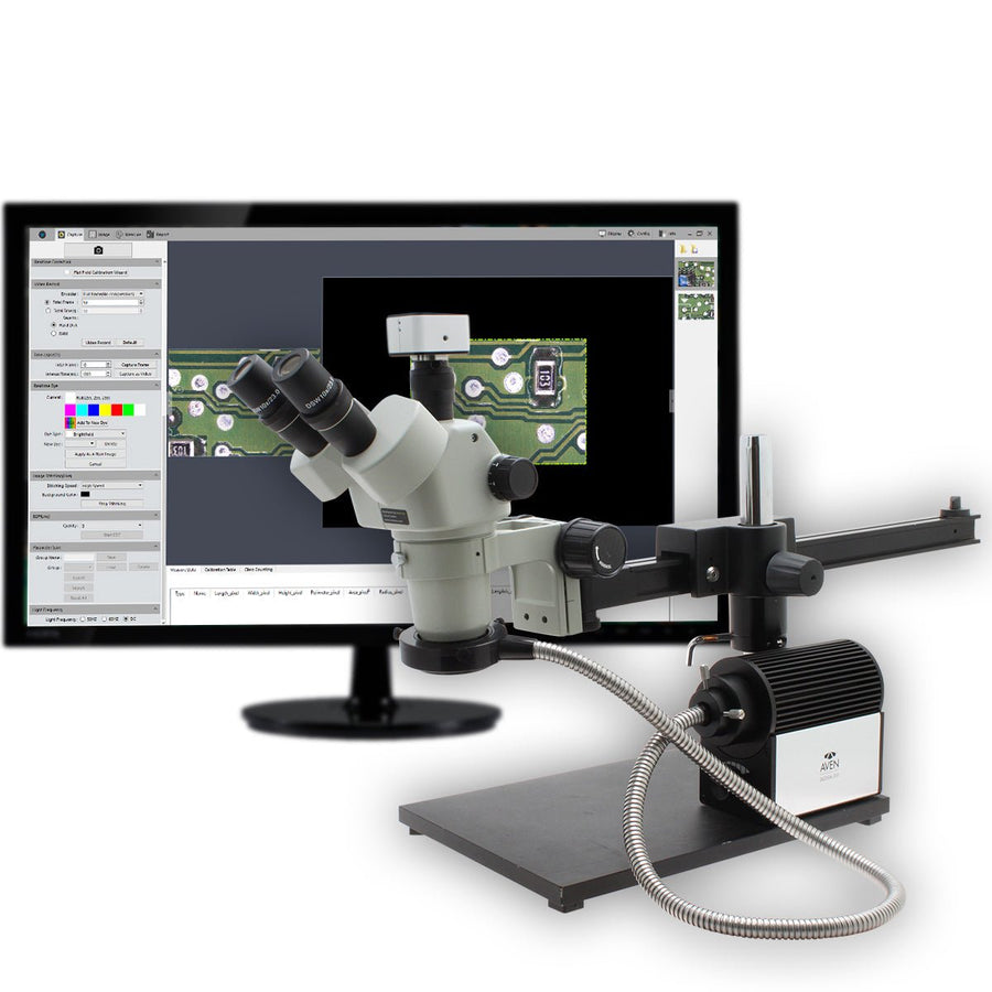 Aven Tools 26800B-373-9 SPZV-50 Trinocular Microscope, 6.7x–50x, with Ultra-Glide Stand, Fiber Optic Light & USB 6M Camera Aven Tools MTESolutions
