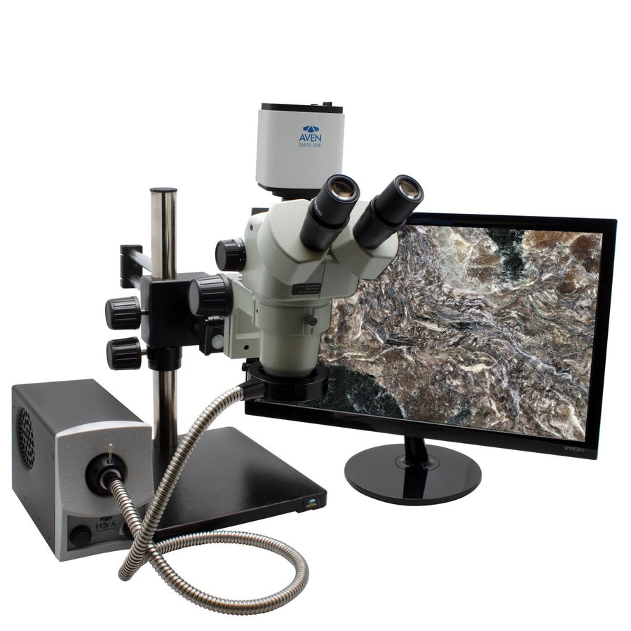 Aven Tools 26800B-382-PRO SPZV-50 Trinocular Stereo Zoom Microscope with Mighty Cam Pro, Double Arm Boom Stand & Fiber Optic Light Aven Tools MTESolutions