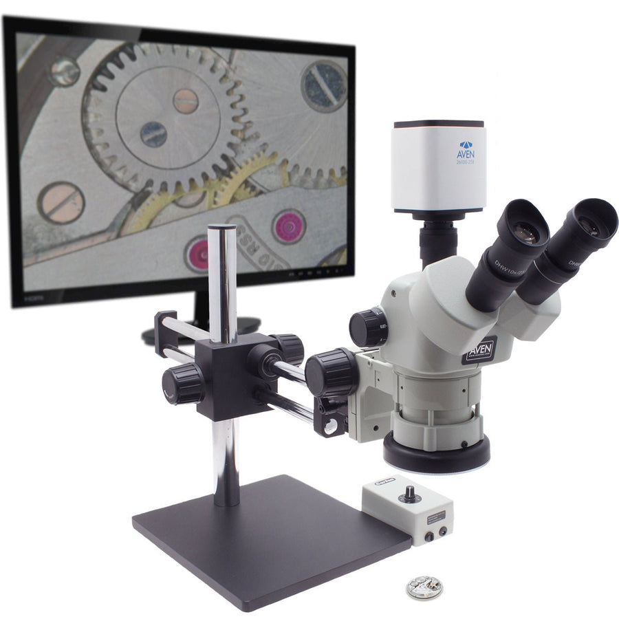 Aven Tools 26800B-383-PRO SPZV-50 Trinocular Stereo Zoom Microscope with Mighty Cam Pro Auto Focus & Double Arm Boom Stand Aven Tools MTESolutions