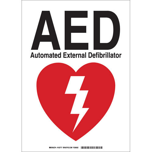 Brady 102717, AED Automated External Defibrillator Sign, 14" H x 10" W x 0.06" D, Red on White