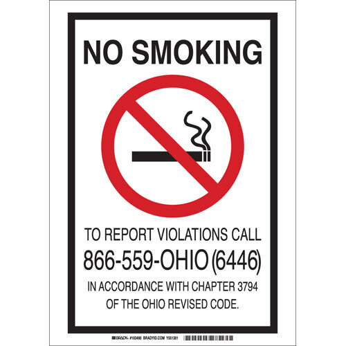 Brady 103490, Ohio No Smoking Sign, 14" H x 10" W x 0.006" D, Polyester
