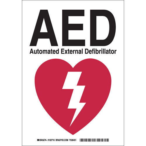 Brady 102716, AED Automated External Defibrillator Sign, 10" H x 7" W x 0.06" D, Polystyrene