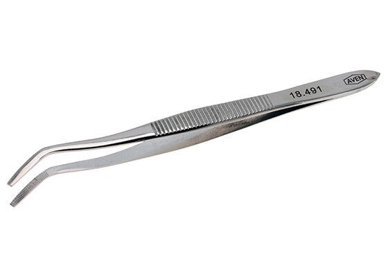 Aven Tools 18491, Offset Curved Serrated Tweezers, 4 1/2in