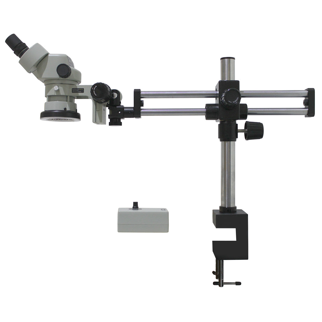 Aven DSZ44-209-536 Binocular Stereo Zoom Microscope, 10x–44x, Dual Arm Boom Stand with Ring Light