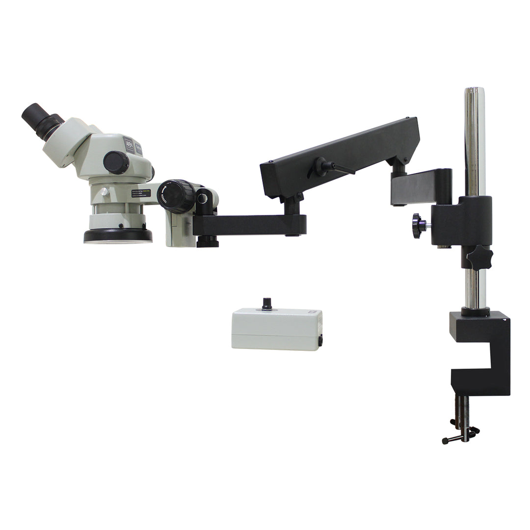 Aven SPZ50-209-550-PCL Binocular Stereo Zoom Microscope, 6.7x–50x, Articulating Arm with Integrated Ring Light